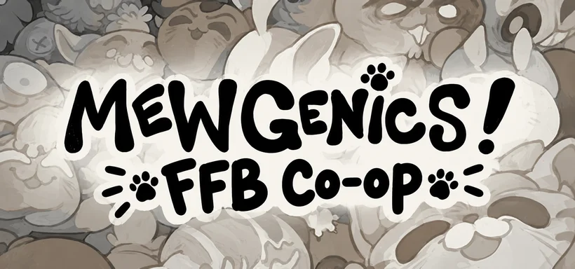 Mewgenics! FFB Co-op, hand-lettered over a pile of sketched cats